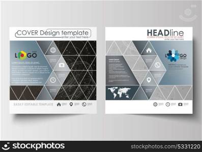 Business templates for square design brochure, magazine, flyer, booklet. Leaflet cover, flat layout. Abstract 3D construction and polygonal molecules on gray background, scientific technology vector.. Business templates for square design brochure, magazine, flyer, booklet or annual report. Leaflet cover, abstract flat layout, easy editable blank. Abstract 3D construction and polygonal molecules on gray background, scientific technology vector.