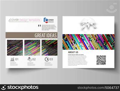 Business templates for square design brochure, magazine, flyer, booklet. Leaflet cover, vector layout. Colorful background made of stripes. Abstract tubes and dots. Glowing multicolored texture.. Business templates for square design brochure, magazine, flyer, booklet or annual report. Leaflet cover, abstract flat layout, easy editable vector. Colorful background made of stripes. Abstract tubes and dots. Glowing multicolored texture.