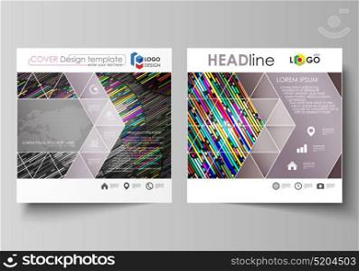 Business templates for square design brochure, magazine, flyer, booklet. Leaflet cover, vector layout. Colorful background made of stripes. Abstract tubes and dots. Glowing multicolored texture.. Business templates for square design brochure, magazine, flyer, booklet or annual report. Leaflet cover, abstract flat layout, easy editable vector. Colorful background made of stripes. Abstract tubes and dots. Glowing multicolored texture.
