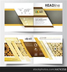 Business templates for square design brochure, magazine, flyer, booklet or annual report. Leaflet cover, abstract flat layout, easy editable blank. Islamic gold pattern, overlapping geometric shapes forming abstract ornament. Vector golden texture.