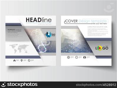 Business templates for square design brochure, magazine, flyer, booklet or annual report. Leaflet cover, abstract flat layout, easy editable blank. DNA molecule structure on blue background. Scientific research, medical technology.