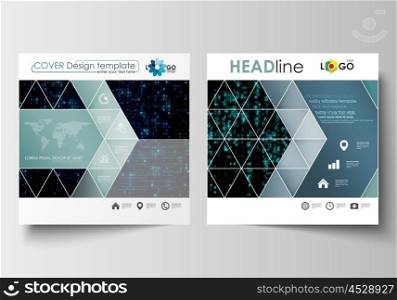Business templates for square design brochure, magazine, flyer, booklet or annual report. Leaflet cover, abstract flat layout, easy editable vector. Virtual reality, color code streams glowing on screen, abstract technology background with symbols.