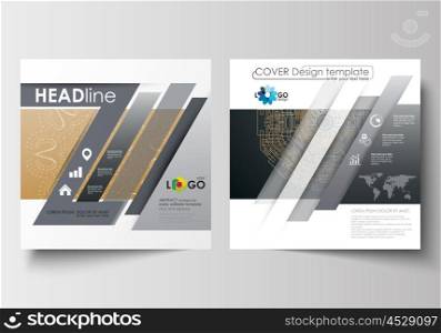 Business templates for square design brochure, magazine, flyer, booklet or annual report. Leaflet cover, abstract flat layout, easy editable blank. Golden technology background, connection structure with connecting dots and lines, science vector.