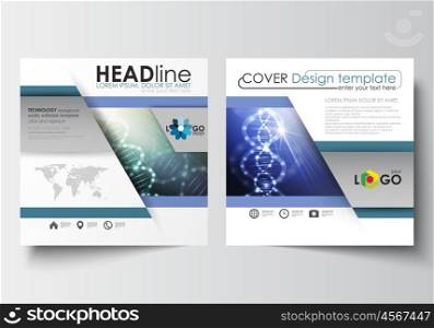 Business templates for square design brochure, magazine, flyer, booklet or annual report. Leaflet cover, abstract flat layout, easy editable blank. DNA molecule structure, science background. Scientific research, medical technology.
