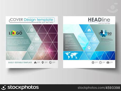 Business templates for square design brochure, magazine, flyer, booklet or annual report. Leaflet cover, abstract flat layout, easy editable blank. Abstract triangles, blue triangular background, modern colorful polygonal vector.