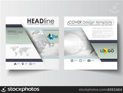 Business templates for square design brochure, magazine, flyer, booklet or annual report. Leaflet cover, abstract flat layout, easy editable blank. Dotted world globe with construction and polygonal molecules on gray background, vector illustration