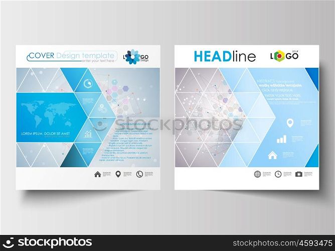 Business templates for square design brochure, magazine, flyer, booklet or annual report. Leaflet cover, abstract flat layout, easy editable blank. Molecule structure on blue background. Science healthcare background, medical vector.