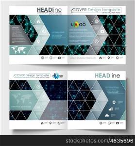 Business templates for square design brochure, magazine, flyer, booklet or annual report. Leaflet cover, abstract flat layout, easy editable vector. Virtual reality, color code streams glowing on screen, abstract technology background with symbols.