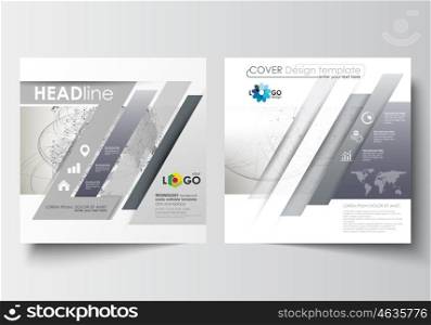 Business templates for square design brochure, magazine, flyer, booklet or annual report. Leaflet cover, abstract flat layout, easy editable blank. Dotted world globe with construction and polygonal molecules on gray background, vector illustration