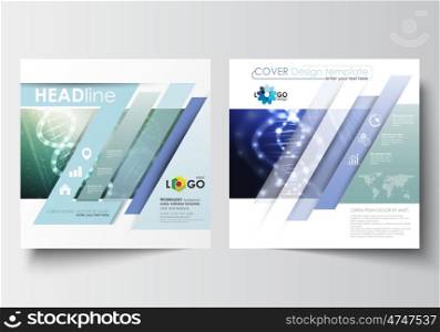 Business templates for square design brochure, magazine, flyer, booklet or annual report. Leaflet cover, abstract flat layout, easy editable blank. DNA molecule structure, science background. Scientific research, medical technology.