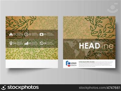 Business templates for square design brochure, magazine, flyer, booklet or annual report. Leaflet cover, abstract flat layout, easy editable vector. Abstract green color wooden design. Texture with leaves. Spa concept natural pattern in linear style. Vector decoration for fashion, cosmetics, beauty industry.