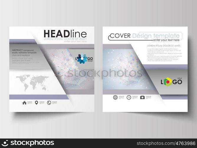 Business templates for square design brochure, magazine, flyer, booklet or annual report. Leaflet cover, abstract flat layout, easy editable blank. Molecule structure on blue background. Science healthcare background, medical vector.