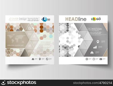 Business templates for square design brochure, magazine, flyer, booklet or annual report. Leaflet cover, abstract flat layout, easy editable blank. Abstract gray color business background, modern stylish hexagonal vector texture.