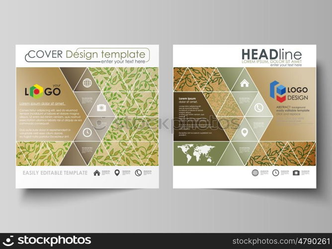 Business templates for square design brochure, magazine, flyer, booklet or annual report. Leaflet cover, abstract flat layout, easy editable vector. Abstract green color wooden design. Texture with leaves. Spa concept natural pattern in linear style. Vector decoration for fashion, cosmetics, beauty industry.