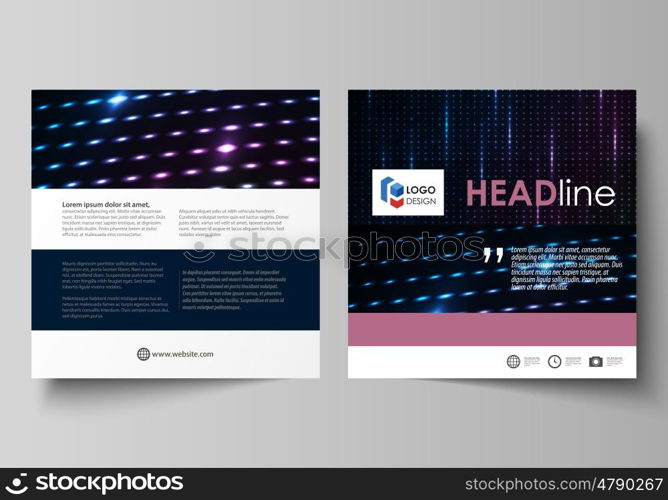 Business templates for square design brochure, magazine, flyer, booklet or annual report. Leaflet cover, abstract flat layout, easy editable vector. Abstract colorful neon dots, dotted technology background. Glowing particles, led light pattern, futuristic texture, digital vector design.