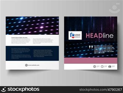Business templates for square design brochure, magazine, flyer, booklet or annual report. Leaflet cover, abstract flat layout, easy editable vector. Abstract colorful neon dots, dotted technology background. Glowing particles, led light pattern, futuristic texture, digital vector design.