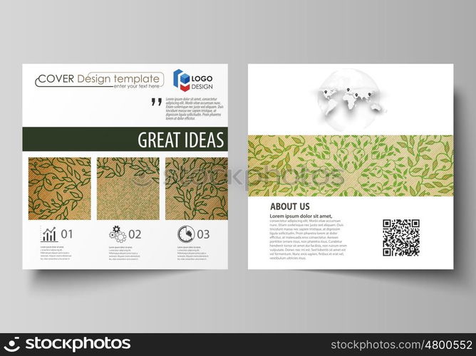 Business templates for square design brochure, magazine, flyer, booklet or annual report. Leaflet cover, abstract flat layout, easy editable vector. Abstract green color wooden design. Texture with leaves. Spa concept natural pattern in linear style. Vector decoration for fashion, cosmetics, beauty industry.