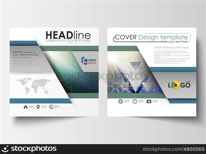 Business templates for square design brochure, magazine, flyer, booklet or annual report. Leaflet cover, abstract flat layout, easy editable vector. Chemistry pattern, hexagonal molecule structure. Medicine, science, technology concept.