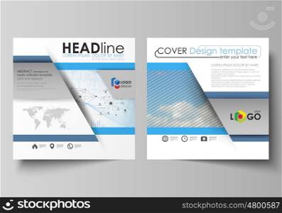 Business templates for square design brochure, magazine, flyer, booklet or annual report. Leaflet cover, abstract flat layout, easy editable vector. Blue color abstract infographic background in minimalist style made from lines, symbols, charts, diagrams and other elements.