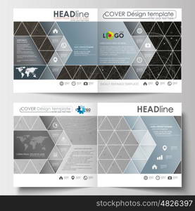 Business templates for square design brochure, magazine, flyer, booklet or annual report. Leaflet cover, abstract flat layout, easy editable blank. Abstract 3D construction and polygonal molecules on gray background, scientific technology vector.