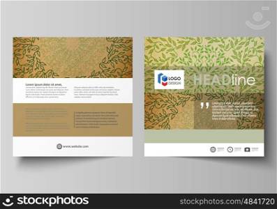 Business templates for square design brochure, magazine, flyer, booklet or annual report. Leaflet cover, abstract flat layout, easy editable vector. Abstract green color wooden design. Texture with leaves. Spa concept natural pattern in linear style. Vector decoration for fashion, cosmetics, beauty industry.