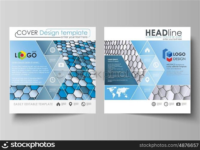 Business templates for square design brochure, magazine, flyer, booklet or annual report. Leaflet cover, abstract flat layout, easy editable vector. Blue and gray color hexagons in perspective. Abstract polygonal style modern background.