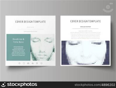 Business templates for square design brochure, magazine, flyer, booklet or annual report. Leaflet cover, abstract flat layout, easy editable vector. Halftone dotted background, retro style grungy pattern, vintage texture. Halftone effect with black dots on white.