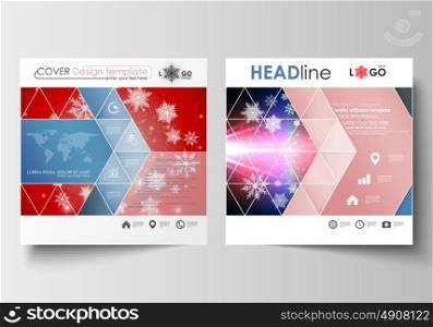 Business templates for square design brochure, magazine, flyer, booklet or annual report. Leaflet cover, abstract flat layout. Christmas decoration, vector background with shiny snowflakes.. Business templates for square design brochure, magazine, flyer, booklet or annual report. Leaflet cover, abstract flat layout, easy editable blank. Christmas decoration, vector background with shiny snowflakes