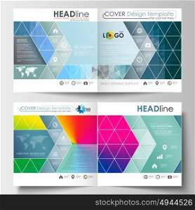Business templates for square design brochure, magazine, flyer, booklet or annual report. Leaflet cover, flat layout. Abstract triangles, blue triangular background, modern colorful polygonal vector.. Business templates for square design brochure, magazine, flyer, booklet or annual report. Leaflet cover, abstract flat layout, easy editable blank. Abstract triangles, blue triangular background, modern colorful polygonal vector.