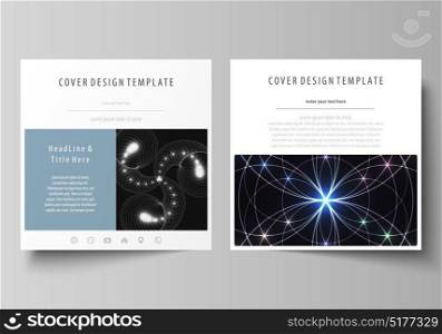 Business templates for square design brochure, magazine, flyer, booklet or annual report. Leaflet cover, abstract vector layout. Sacred geometry, glowing geometrical ornament. Mystical background. Business templates for square design brochure, magazine, flyer, booklet or annual report. Leaflet cover, abstract vector layout. Sacred geometry, glowing geometrical ornament. Mystical background.