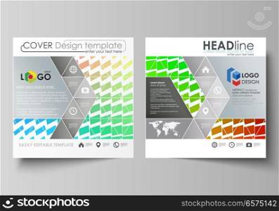 Business templates for square design brochure, magazine, flyer, booklet or annual report. Leaflet cover, abstract flat layout, easy editable vector. Colorful rectangles, moving dynamic shapes forming abstract polygonal style background.. Business templates for square design brochure, magazine, flyer, annual report. Leaflet cover, vector layout. Colorful rectangles, moving dynamic shapes forming abstract polygonal style background.
