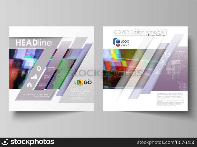 Business templates for square design brochure, magazine, flyer, booklet or annual report. Leaflet cover, abstract flat layout, easy editable vector. Glitched background made of colorful pixel mosaic. Digital decay, signal error, television fail.. Business templates for square design brochure, flyer, report. Leaflet cover, abstract vector layout. Glitched background made of colorful pixel mosaic. Digital decay, signal error, television fail.