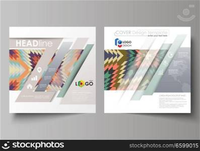 Business templates for square design brochure, magazine, flyer, booklet or annual report. Leaflet cover, abstract flat layout, easy editable vector. Tribal pattern, geometrical ornament in ethno syle, ethnic hipster backdrop, vintage fashion background.. Business templates for square design brochure, magazine, flyer, booklet. Leaflet cover, abstract vector layout. Tribal pattern, geometrical ornament in ethno syle, vintage fashion background.