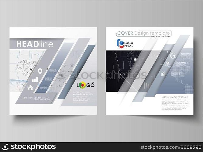 Business templates for square design brochure, magazine, flyer, booklet or annual report. Leaflet cover, abstract flat layout, easy editable vector. Colorful abstract infographic background in minimalist style made from lines, symbols, charts, diagrams and other elements.. Business templates for square design brochure, flyer, annual report. Leaflet cover, vector layout. Colorful abstract infographic background with lines, symbols, charts, diagrams and other elements.