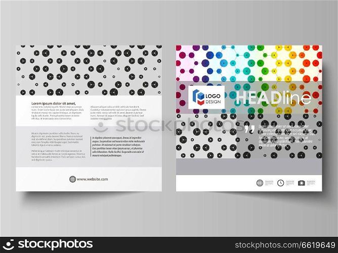 Business templates for square design brochure, magazine, flyer, booklet or annual report. Leaflet cover, abstract flat layout, easy editable vector. Chemistry pattern, hexagonal design molecule structure, scientific, medical DNA research. Geometric colorful background.. Business templates for square brochure, flyer. Leaflet cover, abstract vector layout. Chemistry pattern, hexagonal design molecule structure, medical DNA research. Geometric colorful background