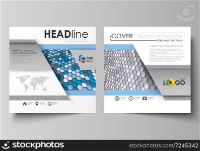 Business templates for square design brochure, magazine, flyer, booklet or annual report. Leaflet cover, abstract flat layout, easy editable vector. Blue and gray color hexagons in perspective. Abstract polygonal style modern background.. Business templates for square design brochure, magazine, flyer, annual report. Leaflet cover, vector layout. Blue and gray color hexagons in perspective. Abstract polygonal style modern background.