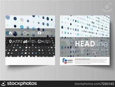 Business templates for square design brochure, magazine, flyer, booklet or annual report. Leaflet cover, abstract flat layout, easy editable vector. Abstract soft color dots with illusion of depth and perspective, dotted technology background. Multicolored particles, modern pattern, elegant texture, vector design.. Business templates for square brochure, flyer, booklet, report. Leaflet cover, abstract layout. Soft color dots with illusion of depth and perspective, dotted background. Modern elegant vector design.