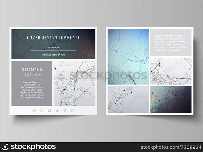 Business templates for square design brochure, magazine, flyer, booklet or annual report. Leaflet cover, abstract flat layout, easy editable vector. Compounds lines and dots. Big data visualization in minimal style. Graphic communication background.. Business templates for square design brochure, magazine, flyer, booklet. Leaflet cover, vector layout. Compounds lines and dots. Big data visualization, minimal style. Graphic communication background