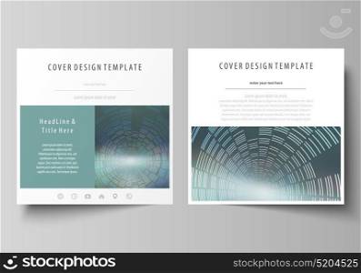 Business templates for square design brochure, magazine, flyer, booklet or report. Leaflet cover, abstract layout, easy editable vector. Technology background in geometric style made from circles.. Business templates for square design brochure, magazine, flyer, booklet or annual report. Leaflet cover, abstract flat layout, easy editable vector. Technology background in geometric style made from circles.