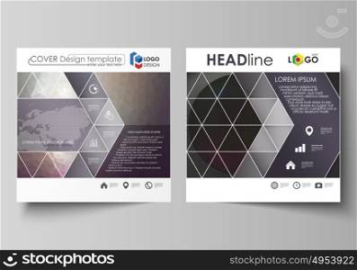 Business templates for square design brochure, magazine, flyer, booklet or report. Leaflet cover, vector layout. Dark color triangles and colorful circles. Abstract polygonal style modern background.. Business templates for square design brochure, magazine, flyer, booklet or annual report. Leaflet cover, abstract flat layout, easy editable vector. Dark color triangles and colorful circles. Abstract polygonal style modern background.