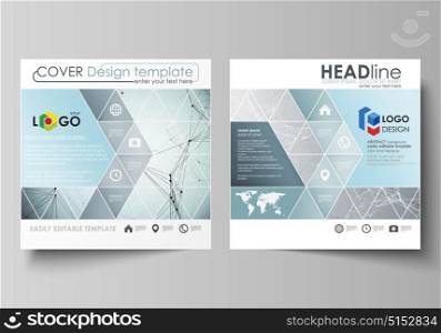 Business templates for square design brochure, magazine, flyer, booklet or report. Leaflet cover, vector layout. Chemistry pattern, connecting lines and dots, molecule structure, medical DNA research.. Business templates for square design brochure, magazine, flyer, booklet or annual report. Leaflet cover, abstract flat layout, easy editable vector. Chemistry pattern, connecting lines and dots, molecule structure, scientific medical DNA research.