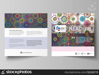 Business templates for square design brochure, magazine, flyer, booklet, report. Leaflet cover, abstract flat layout. Bright color background in minimalist style made from colorful circles.. Business templates for square design brochure, magazine, flyer, booklet or annual report. Leaflet cover, abstract flat layout, easy editable vector. Bright color background in minimalist style made from colorful circles.