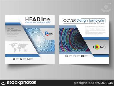 Business templates for square design brochure, magazine, flyer, booklet, report. Leaflet cover, abstract vector layout. Blue color background in minimalist style made from colorful circles.. Business templates for square design brochure, magazine, flyer, booklet or annual report. Leaflet cover, abstract flat layout, easy editable vector. Blue color background in minimalist style made from colorful circles.