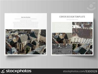 Business templates for square design brochure, magazine, flyer, booklet, report. Leaflet cover, abstract vector layout. Colorful background made of dotted texture for travel business, urban cityscape.. Business templates for square design brochure, magazine, flyer, booklet, report. Leaflet cover, abstract vector layout. Colorful background made of dotted texture for travel business, urban cityscape