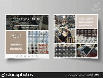 Business templates for square design brochure, magazine, flyer, booklet, report. Leaflet cover, abstract vector layout. Colorful background made of dotted texture for travel business, urban cityscape.. Business templates for square design brochure, magazine, flyer, booklet or annual report. Leaflet cover, abstract flat layout, easy editable vector. Colorful background made of dotted texture for travel business, urban cityscape.