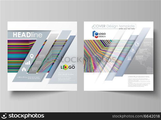Business templates for square design brochure, magazine, flyer. Leaflet cover, abstract vector layout. Bright color lines, colorful style with geometric shapes forming beautiful minimalist background. Business templates for square design brochure, magazine, flyer. Leaflet cover, abstract vector layout. Bright color lines, colorful style with geometric shapes forming beautiful minimalist background.