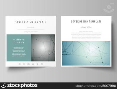 Business templates for square design brochure, magazine, flyer, report. Leaflet cover, vector layout. Geometric background, connected line and dots. Molecular structure. Scientific, medical concept.. Business templates for square design brochure, magazine, flyer, booklet or annual report. Leaflet cover, abstract flat layout, easy editable vector. Geometric background, connected line and dots. Molecular structure. Scientific, medical, technology concept.