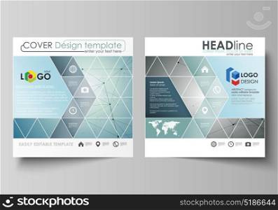Business templates for square design brochure, magazine, flyer, report. Leaflet cover, vector layout. Geometric background, connected line and dots. Molecular structure. Scientific, medical concept.. Business templates for square design brochure, magazine, flyer, booklet or annual report. Leaflet cover, abstract flat layout, easy editable vector. Geometric background, connected line and dots. Molecular structure. Scientific, medical, technology concept.