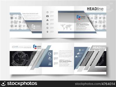 Business templates for square tri fold brochures. Leaflet cover, flat layout, easy editable vector. High tech design, connecting system. Science and technology concept. Futuristic abstract background