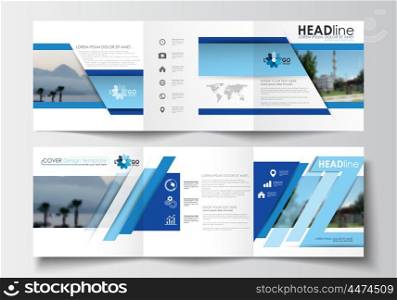Business templates for tri-fold brochures, square design, annual report. Leaflet cover, easy editable blank, abstract blue layout, vector illustration.